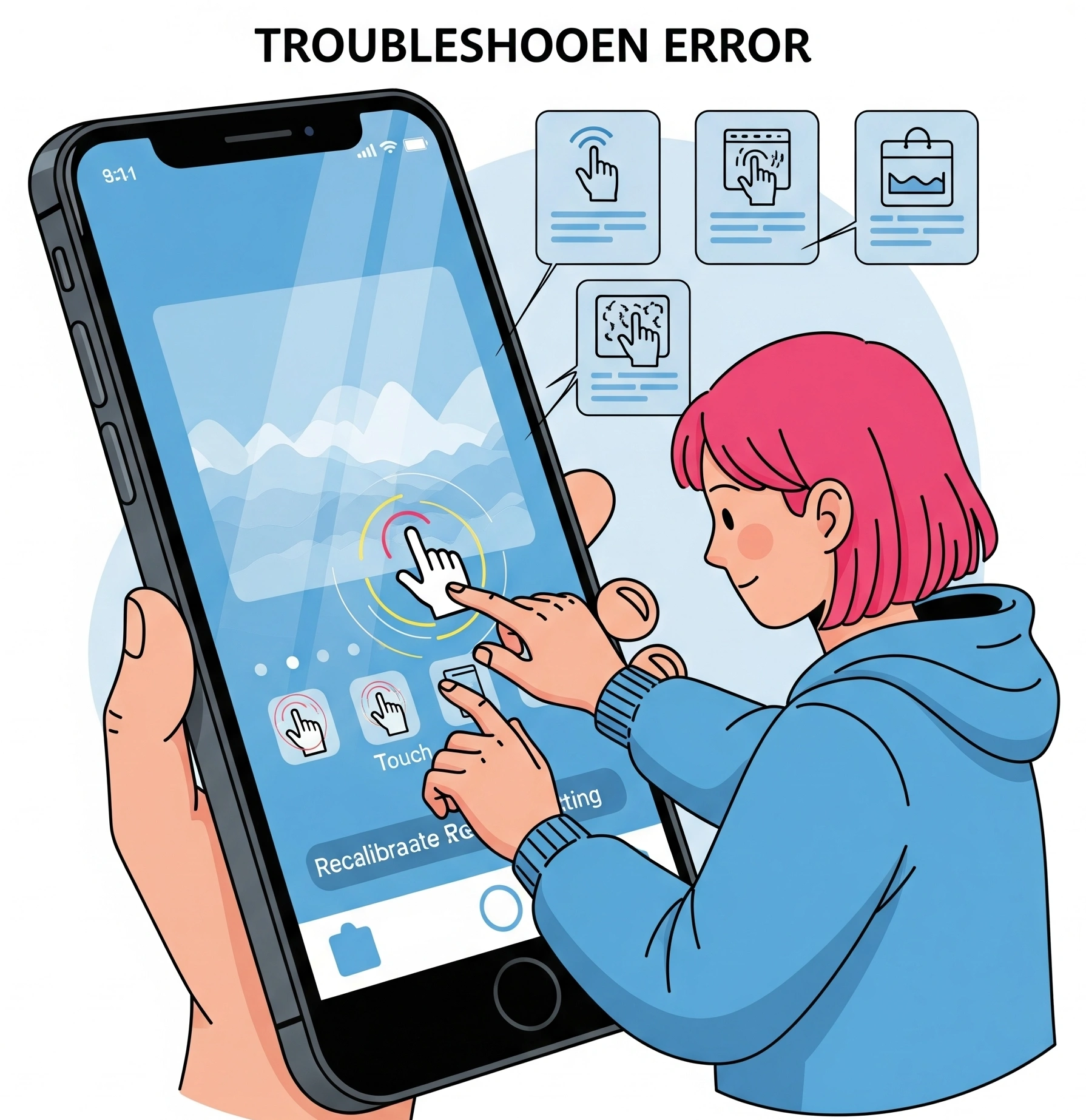 Ilustrasi mencari solusi touchscreen error pada smartphone modern.